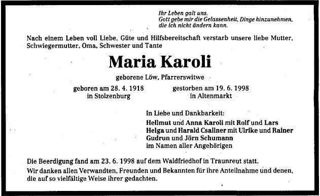 Loew Maria 1918-1998 Todesanzeige